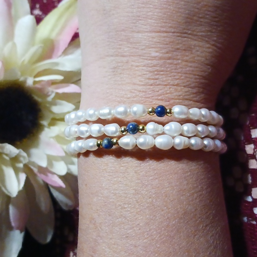 Vintage 14K Gold Freshwater Pearl & Lapis Bead Wrap Bracelet